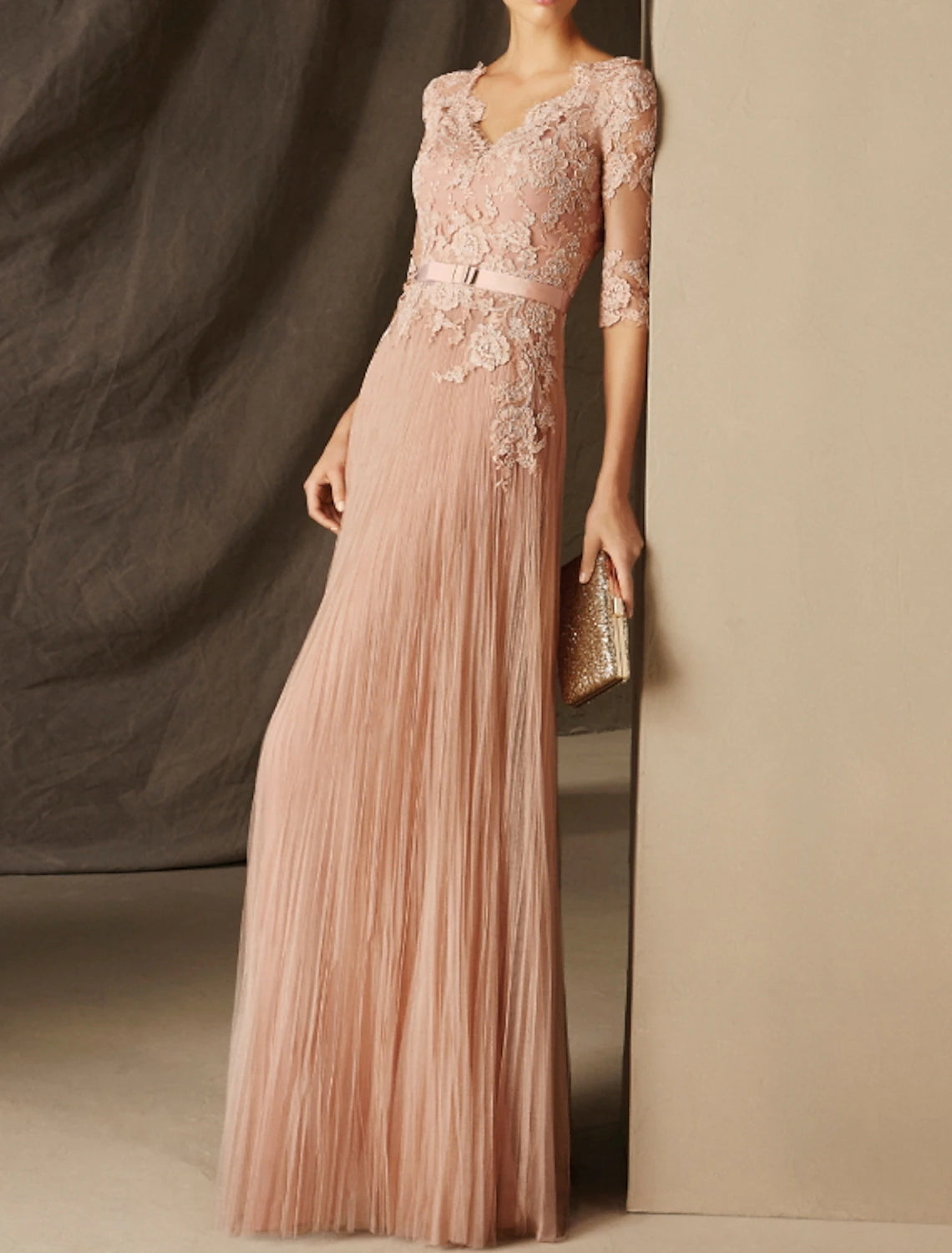 A-Line Elegant Sexy Engagement Formal Evening Dress V Neck Half Sleeve Floor Length Chiffon with Pleats Appliques