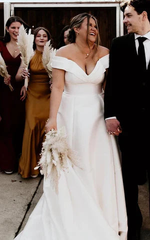 Buyishang Romantic Off-the-shoulder A-Line Satin Wedding Dress With Button Back