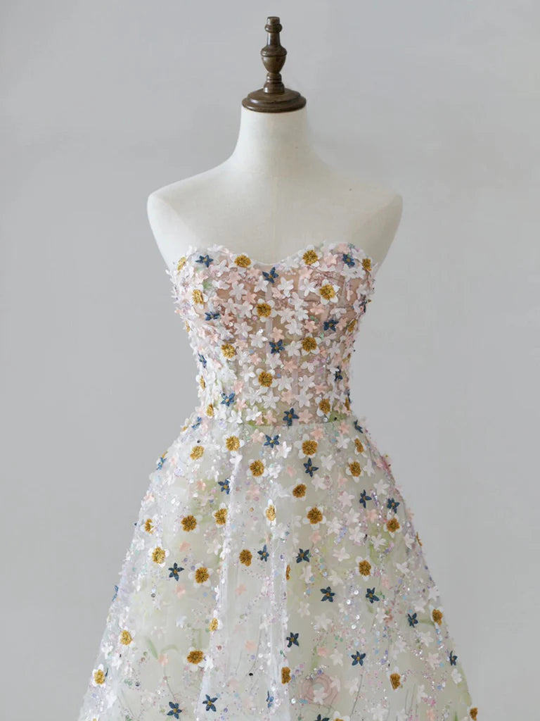 Buyishang A-line Sweetheart Neck Tulle Lace Flower Beige Long Prom Dress Beige Long Formal Dress