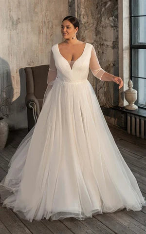 Buyishang Casual V-neck A Line Tulle Court Train Wedding Dress with Ruching