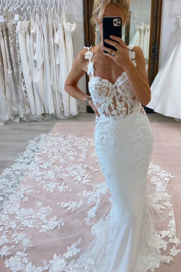 Buyishang Mermaid Sweetheart Floral Straps Satin Wedding Dresses with Appliques