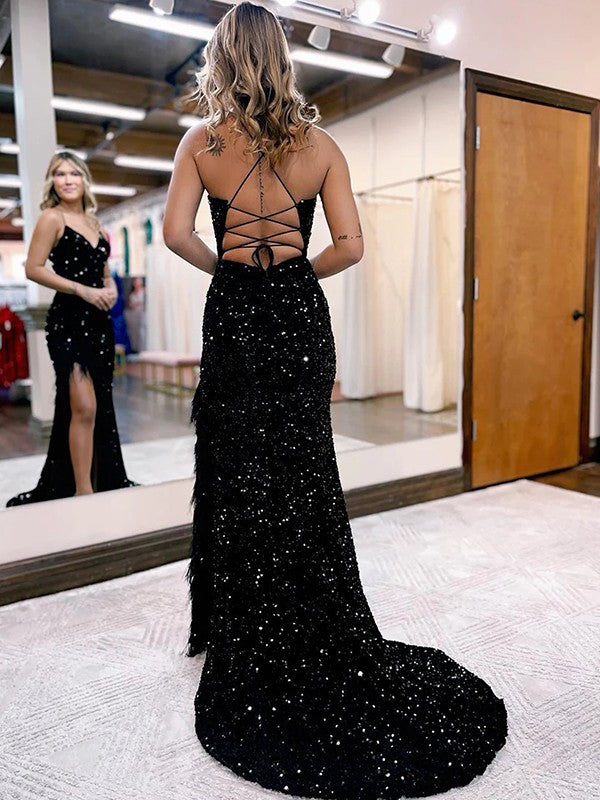 Sheath/Column Velvet Sequins Feathers/Fur V-neck Sleeveless Sweep/Brush Train Dresses/Prom Dresses