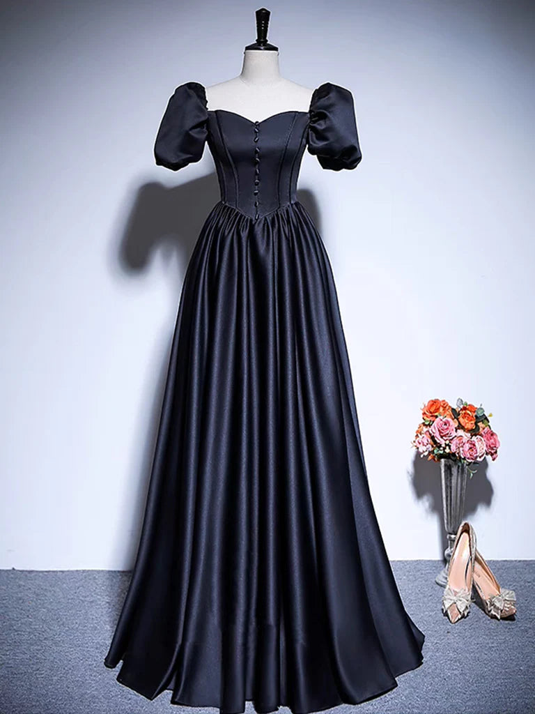 Buyishang A-Line Satin Puff Sleeves Black Long Prom Dress Black Long Evening Dress
