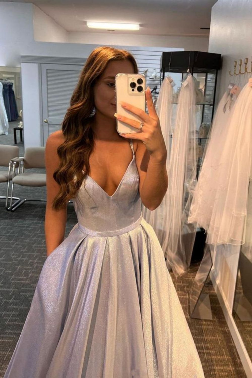 A Line Spaghetti Straps Silver Long Prom Dress Party Dress