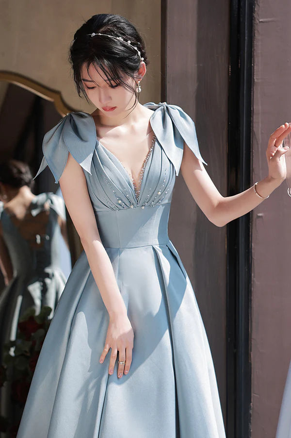 Blue Satin Long A-Line Prom Dress Lovely Blue Graduation Dress with Bow