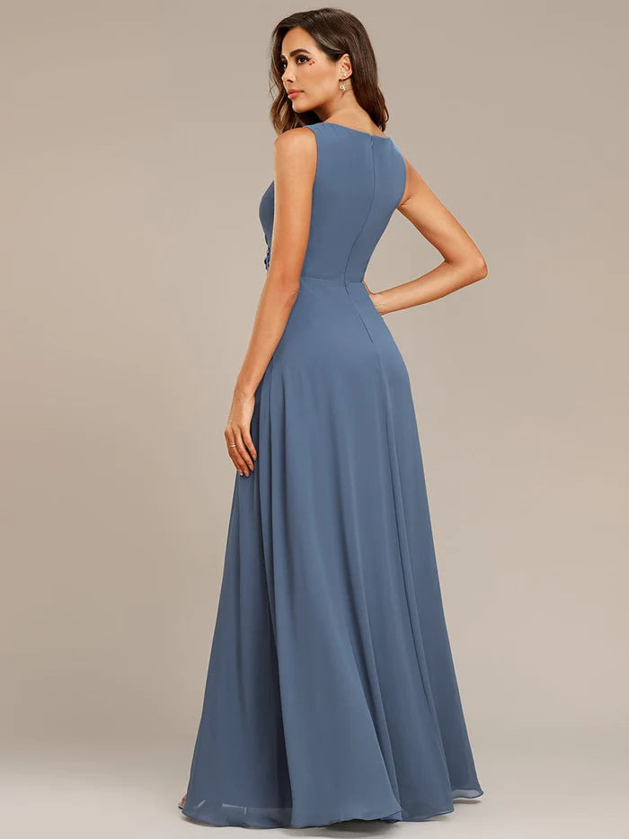 Floral Applique Sleeveless Chiffon Long Formal Evening Dress/Prom  Dresses