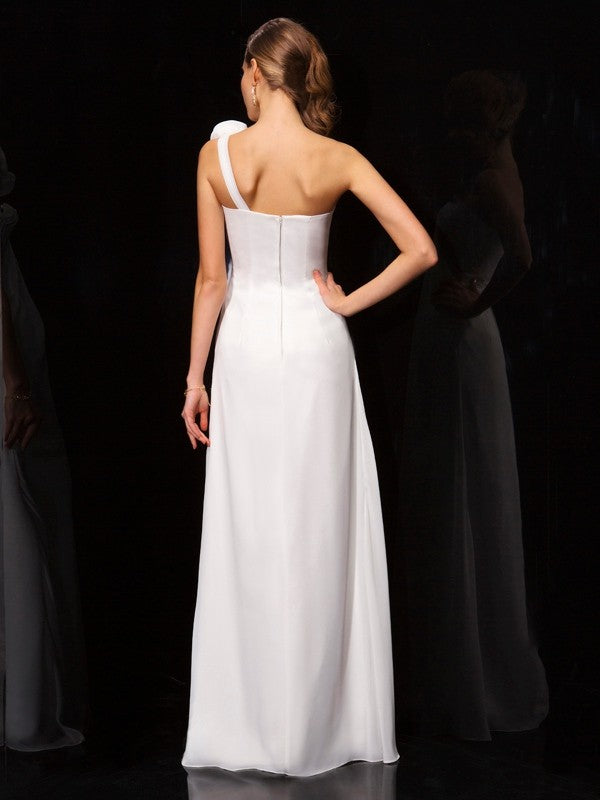 A-Line/Princess One-Shoulder Sleeveless Pleats Hand-Made Flower Long Chiffon Dresses