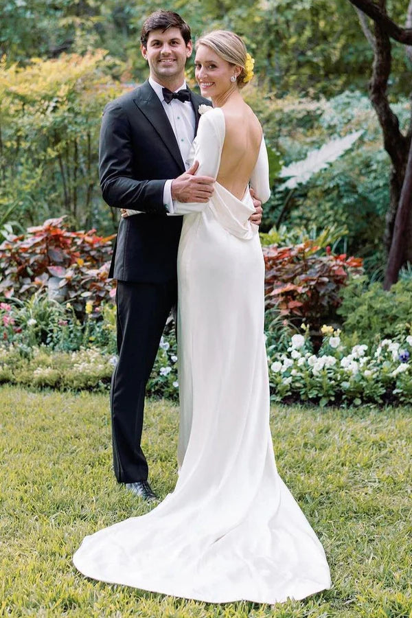 Buyishang Sheath Backless Long Sleeves White Soft Satin Wedding Dresses