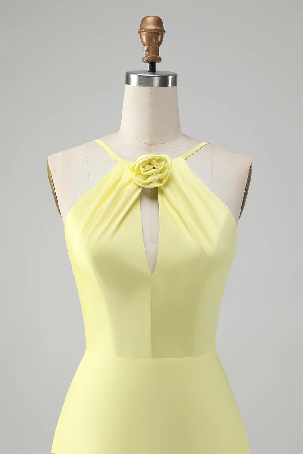Yellow A Line Halter Cut Out Long Bridesmaid Dress with Flower