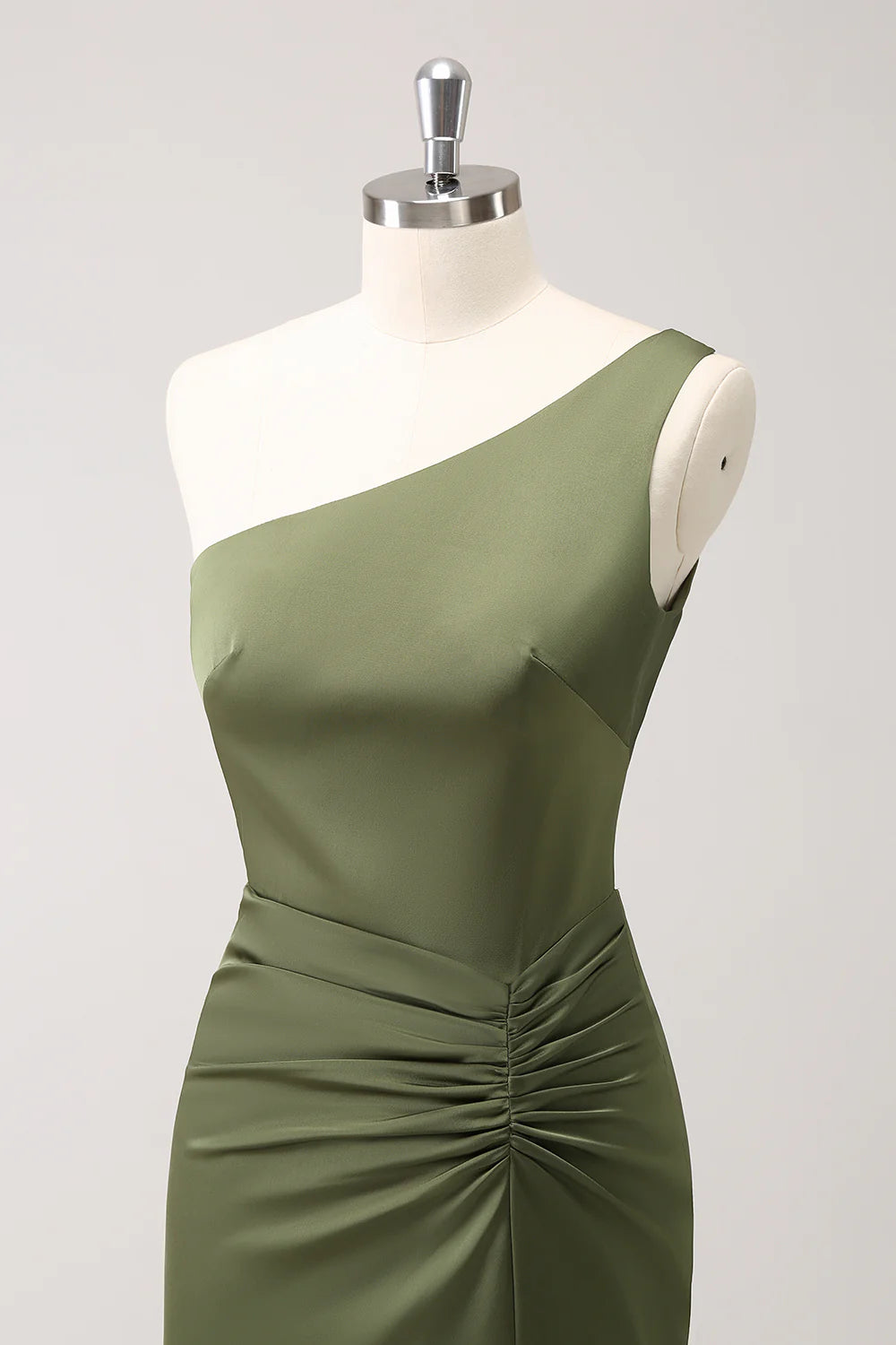 Olive One Shoulder Mermaid Satin Long Bridesmaid Dress