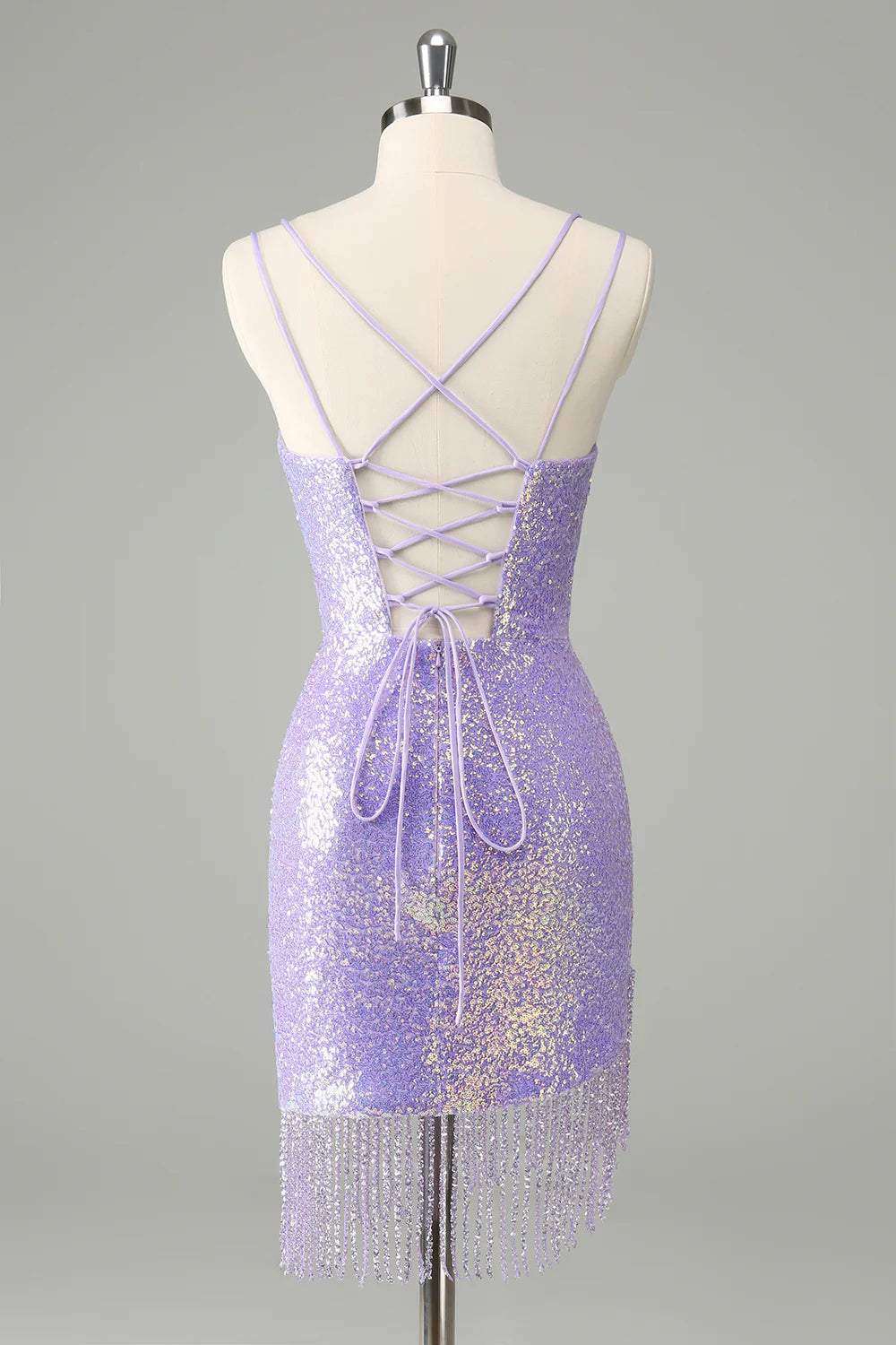 Unique Sparkly Lilac Tight Sequins Short Homecoming Dress with Tassels