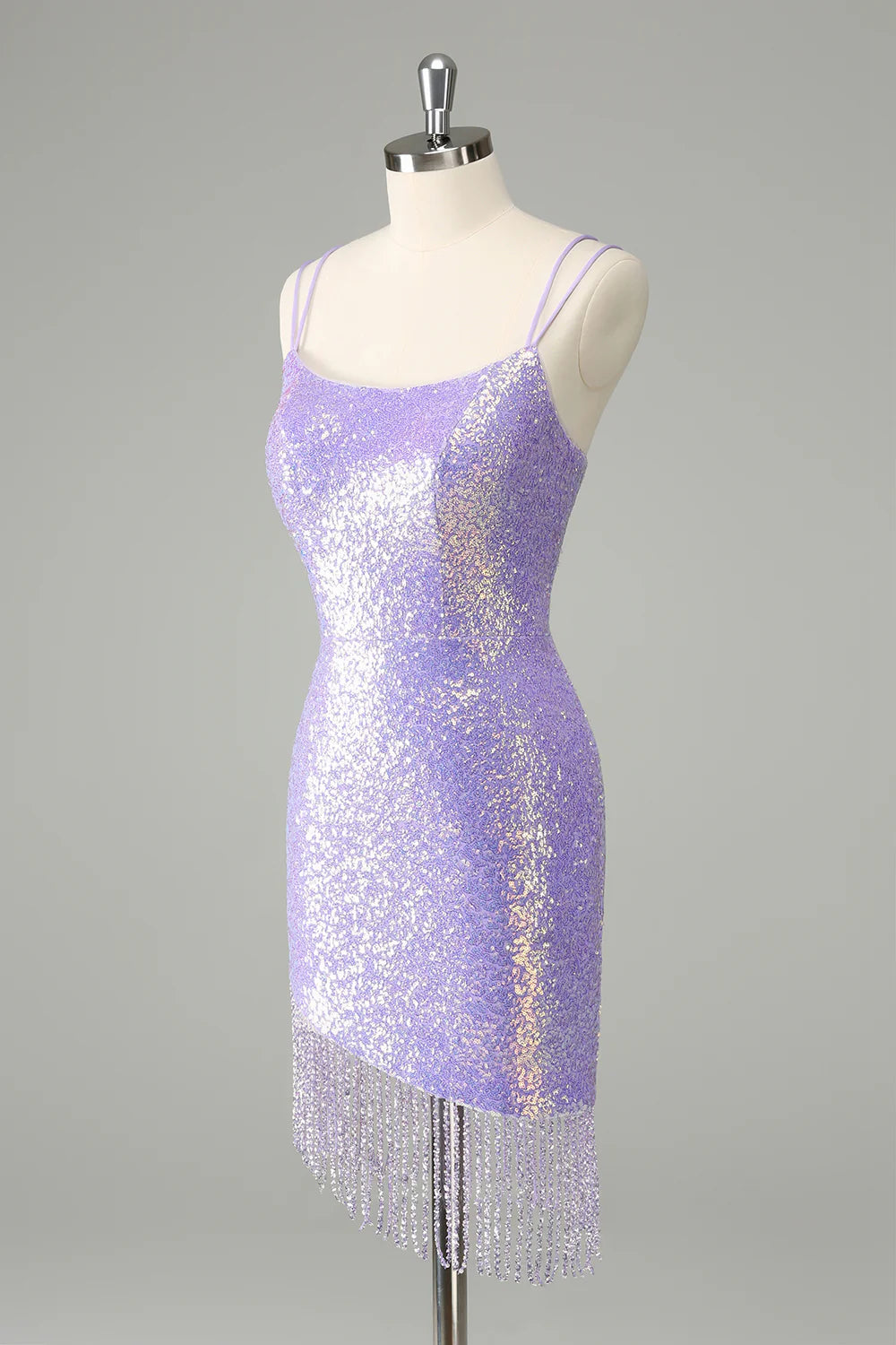 Unique Sparkly Lilac Tight Sequins Short Homecoming Dress with Tassels