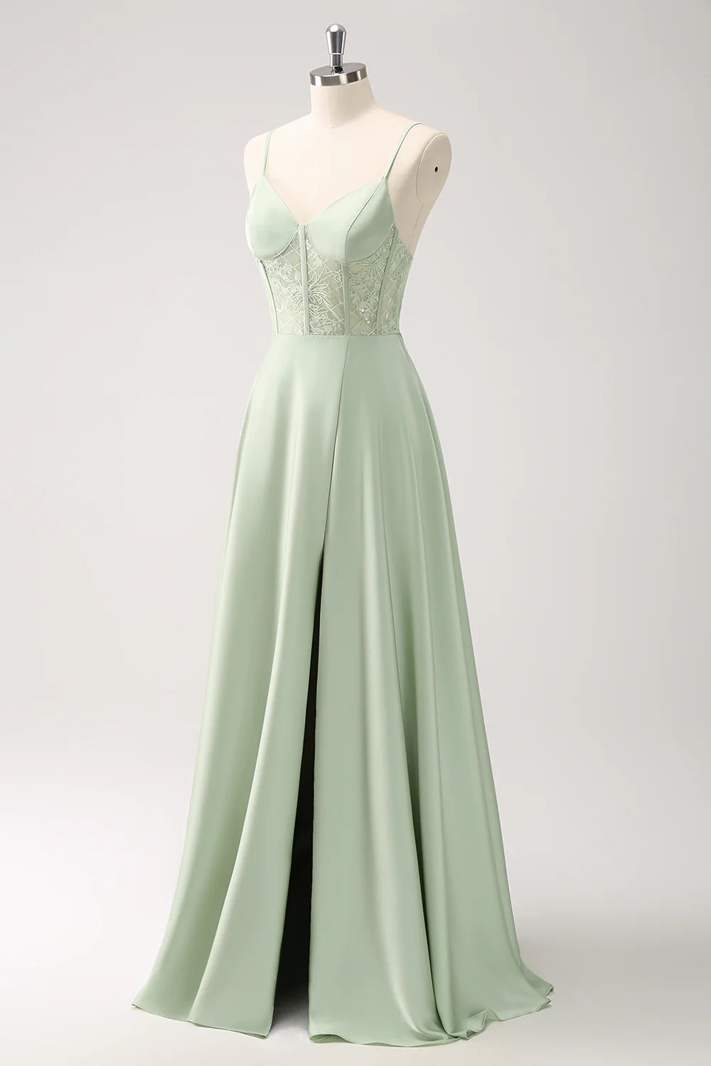 Green Spaghetti Straps A-Line Satin Long Corset Bridesmaid Dress with Slit