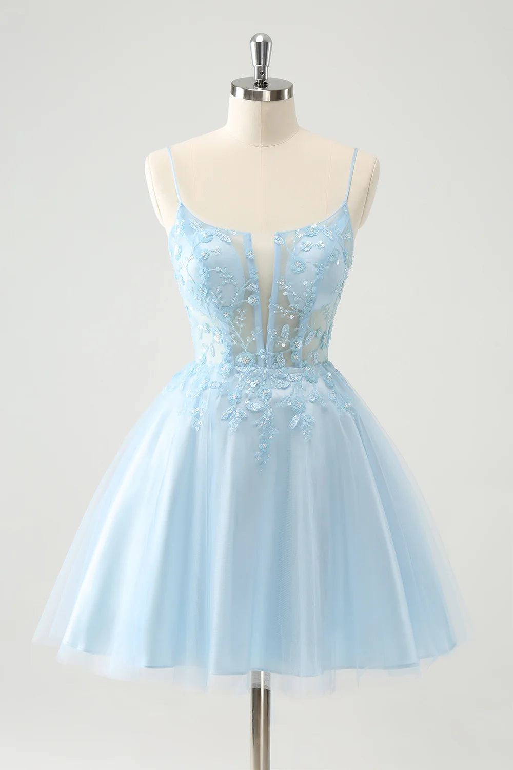 Cute Glitter Blue A Line Beaded Corset Tulle Homecoming Dress with Appliques