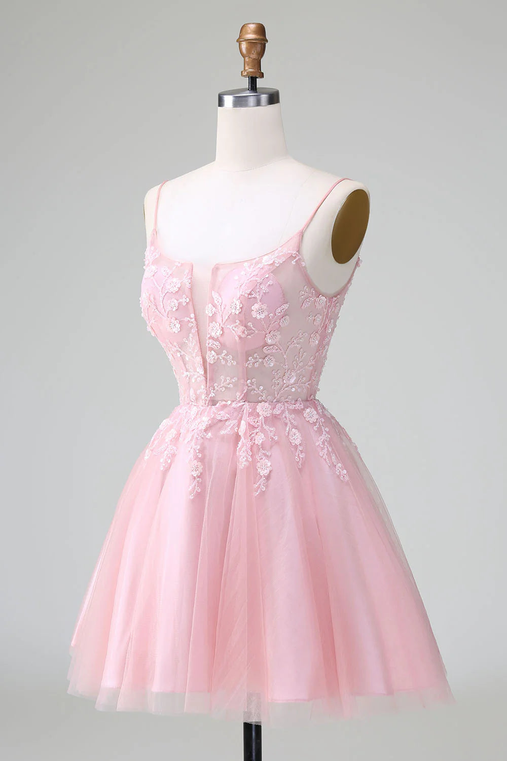 Princess Blush A Line Spaghetti Straps Tulle Short Homecoming Dress with Appliques