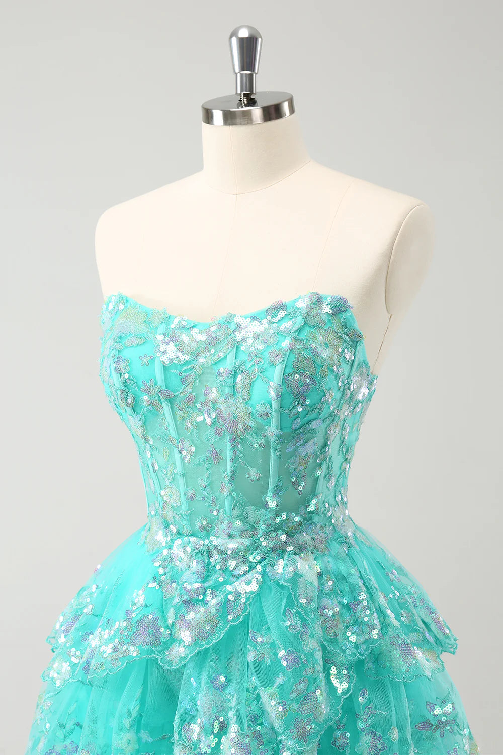 Cute Glitter Green A Line Strapless Sequined Tiered Corset Homecoming Dress