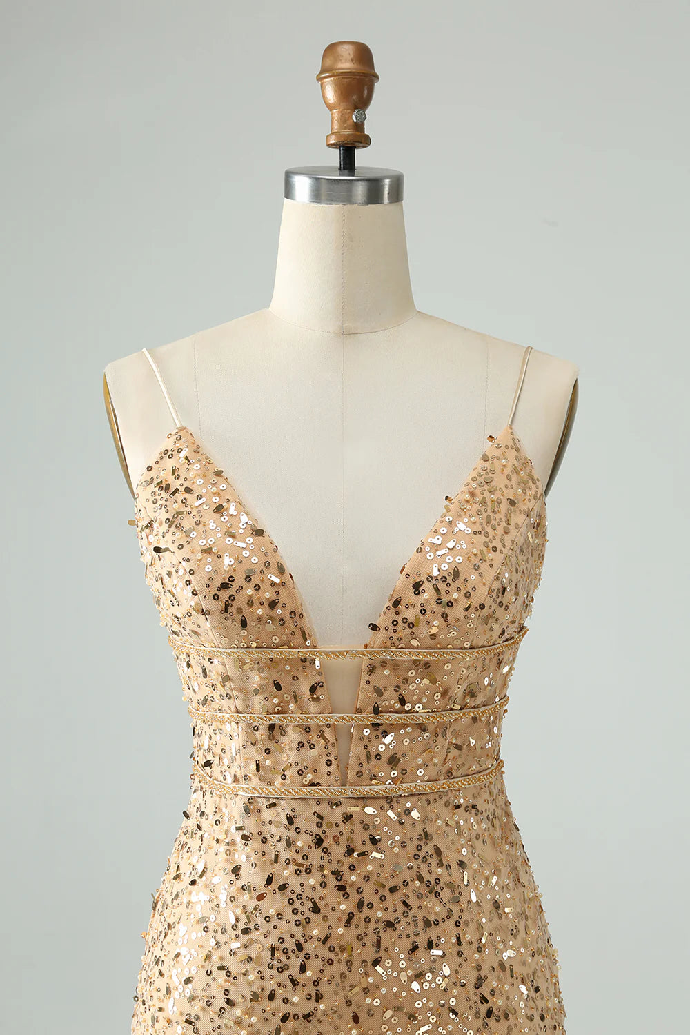 Unique Sparkly Golden Tight Spaghetti Strap Short Homecoming Dress with Sequins