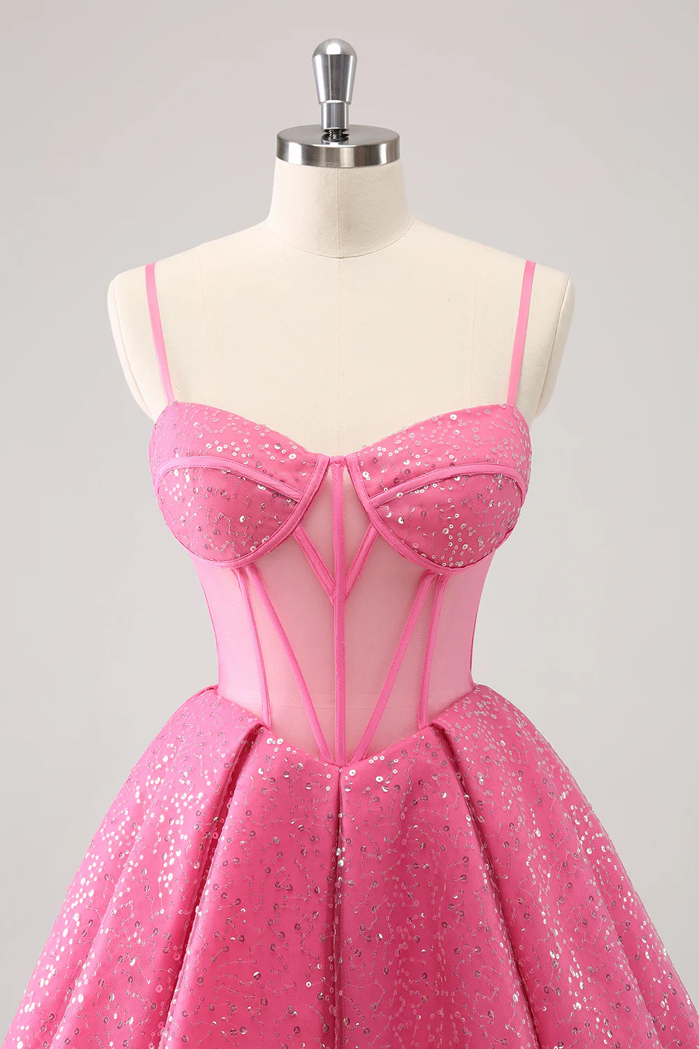 Pink A-Line Spaghetti Straps Corset Cocktail Dress with Sequins