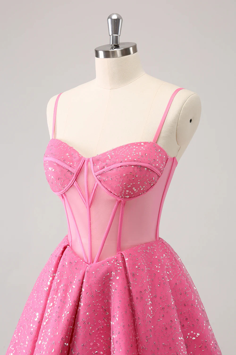 Pink A-Line Spaghetti Straps Corset Cocktail Dress with Sequins