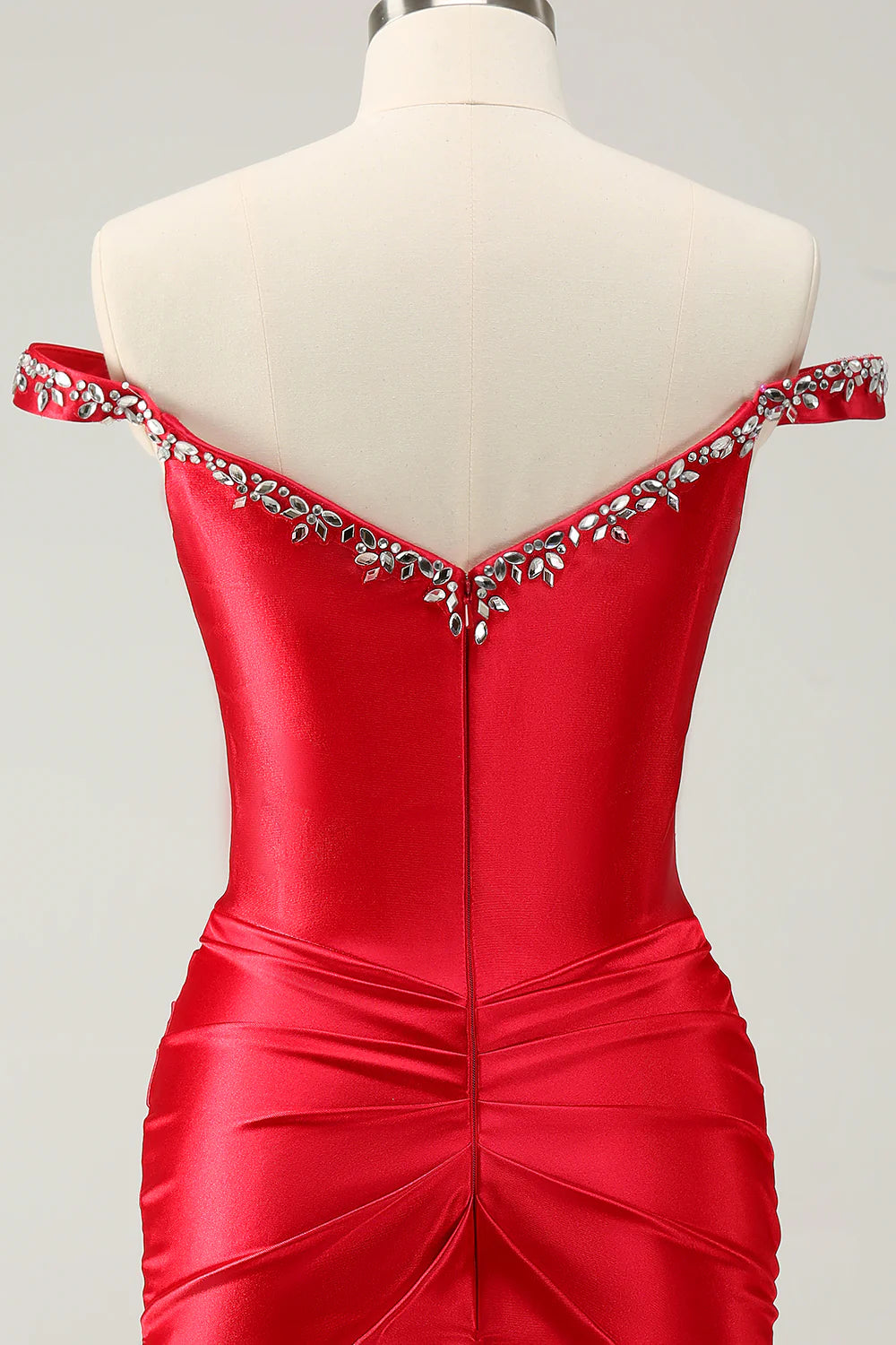 Glitter Red Beaded Off the Shoulder Satin Tight Homecoming Dress