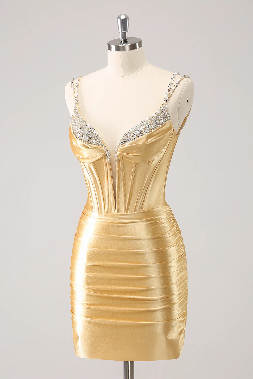 Golden Spaghetti Straps Bodycon Homecoming Dress with Sequins