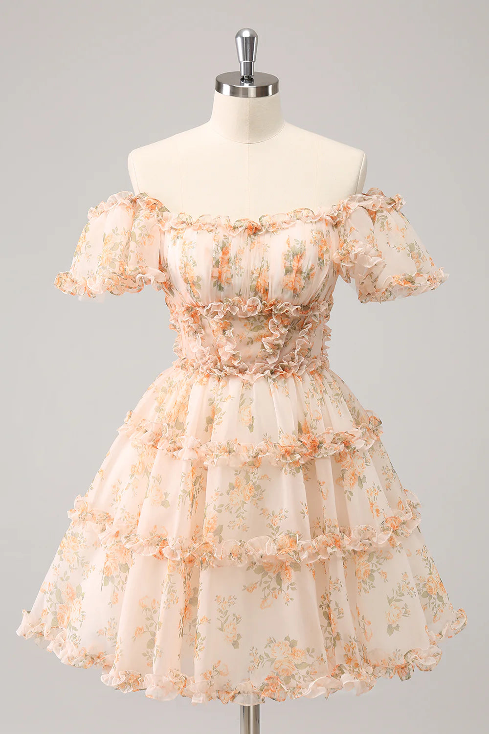 Yellow A-Line Ruffled Tulle Floral Print Homecoming Dress
