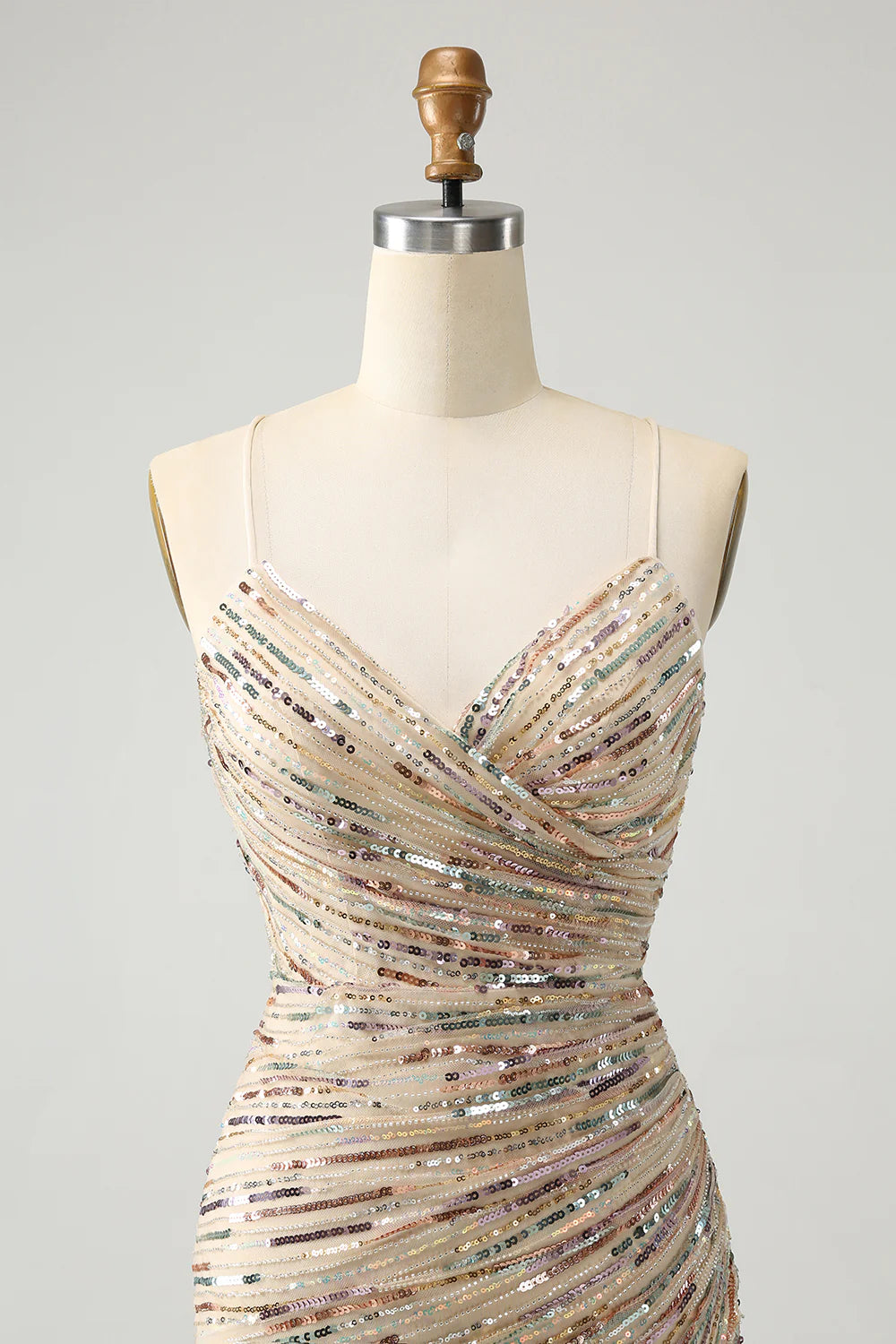 Glitter Champagne Spaghetti Straps Tight Short Homecoming Dress with Sequins