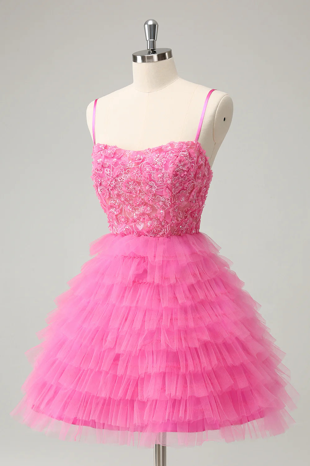 Glitter Pink A Line Spaghetti Straps Tiered Flowers Tulle Cute Homecoming Dress