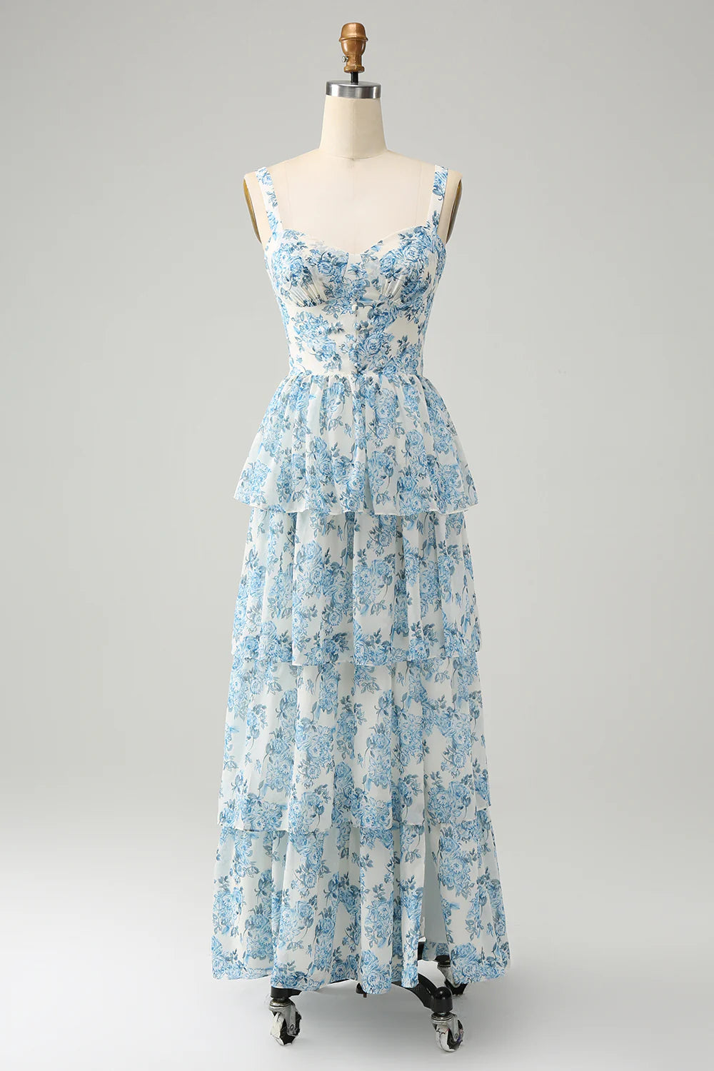 White Blue Corset Tiered Floral Wedding Guest Dress