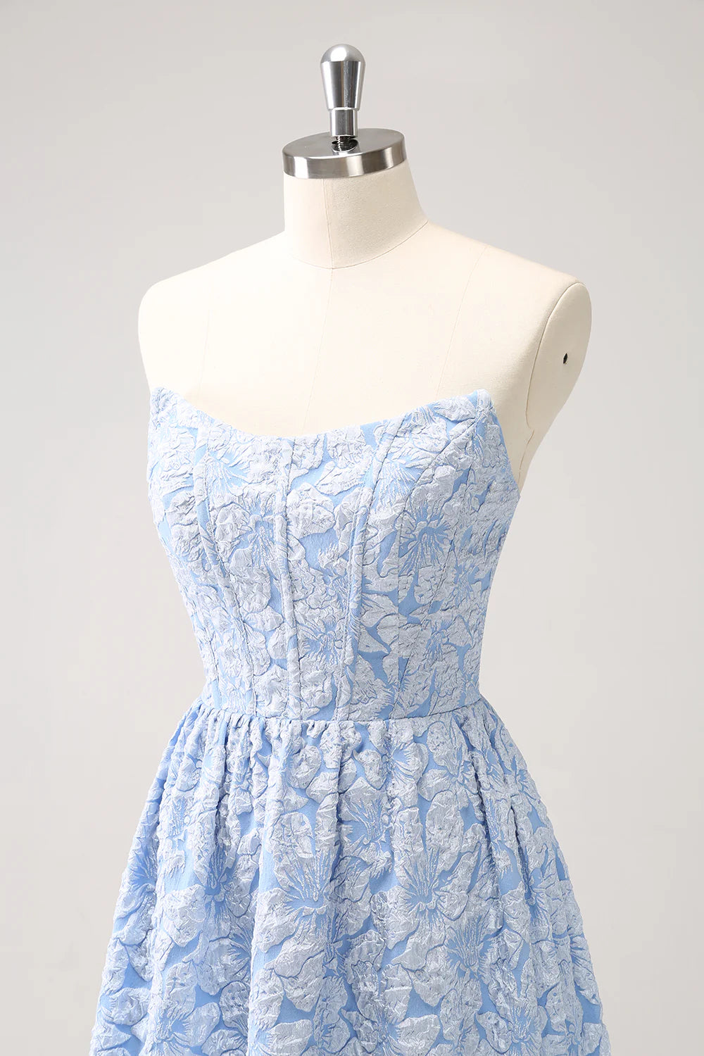 Blue Floral Strapless A-Line High Low Bridesmaid Dress