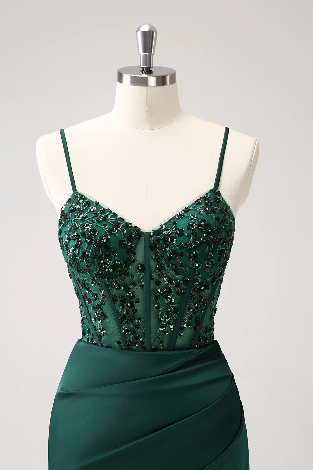 Dark Green Mermaid Spaghetti Straps Satin Long Bridesmaid Dress with Slit