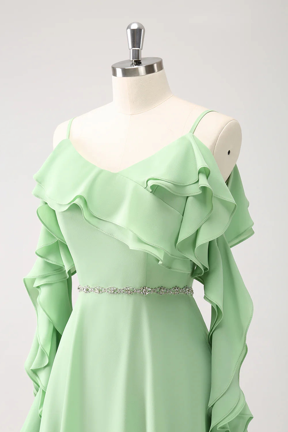 Light Green Cold Shoulder A-Line Chiffon Long Bridesmaid Dress with Ruffles