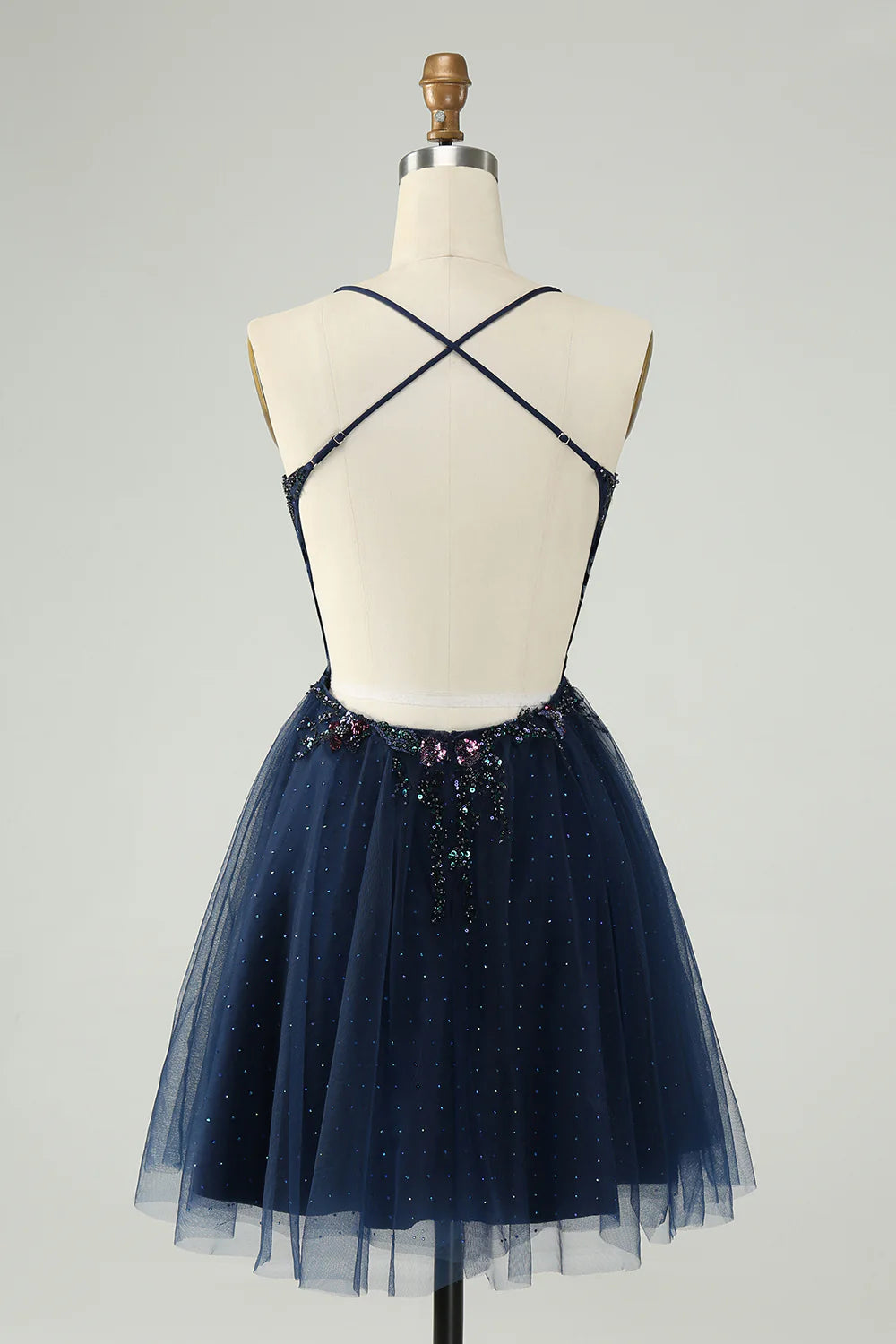 Glitter Navy A-Line Sequined Tulle Homecoming Dress