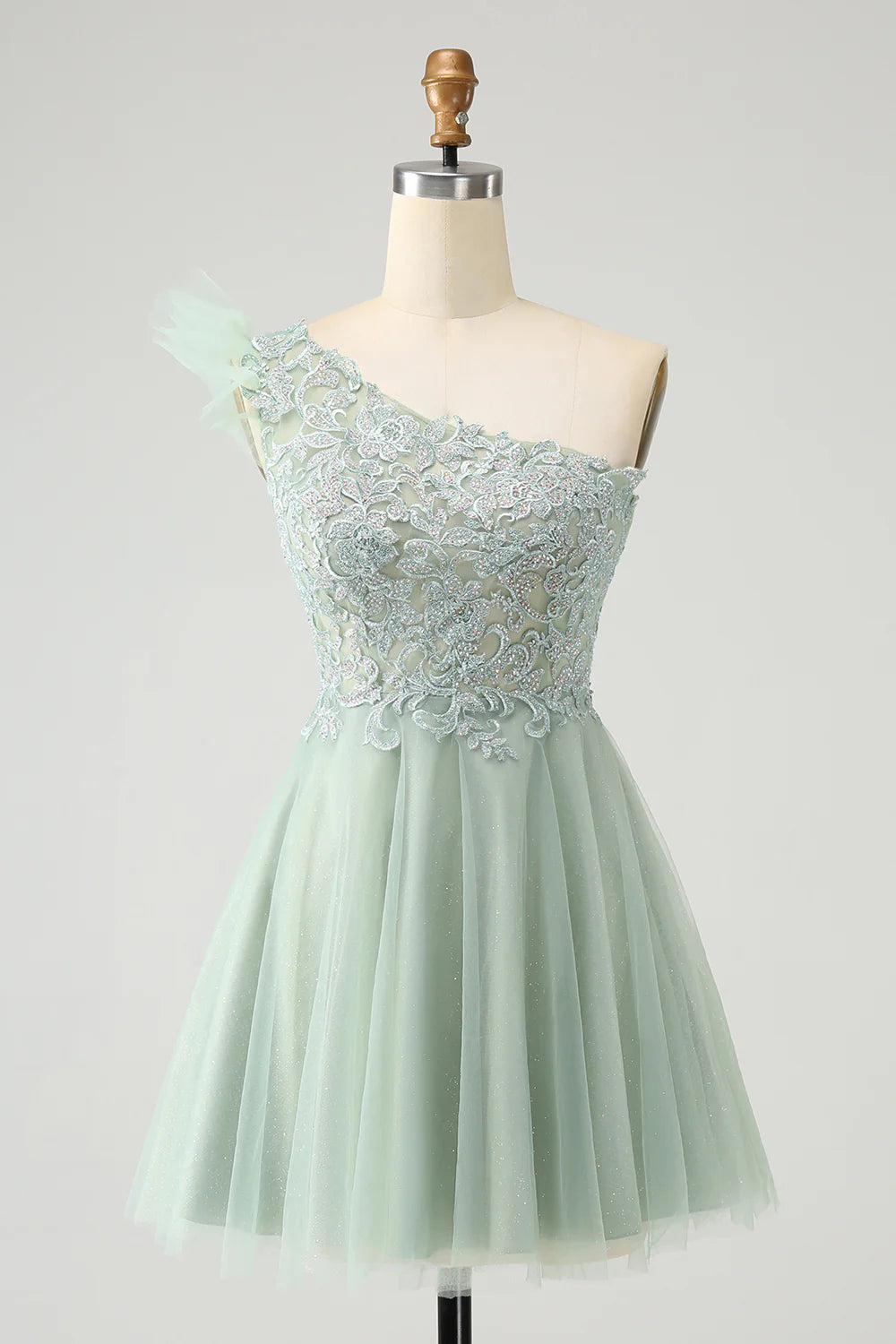 Cute Dusty Sage Green A Line One Shoulder Tulle Homecoming Dress with Appliques