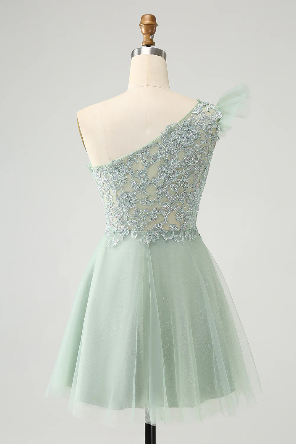 Cute Dusty Sage Green A Line One Shoulder Tulle Homecoming Dress with Appliques