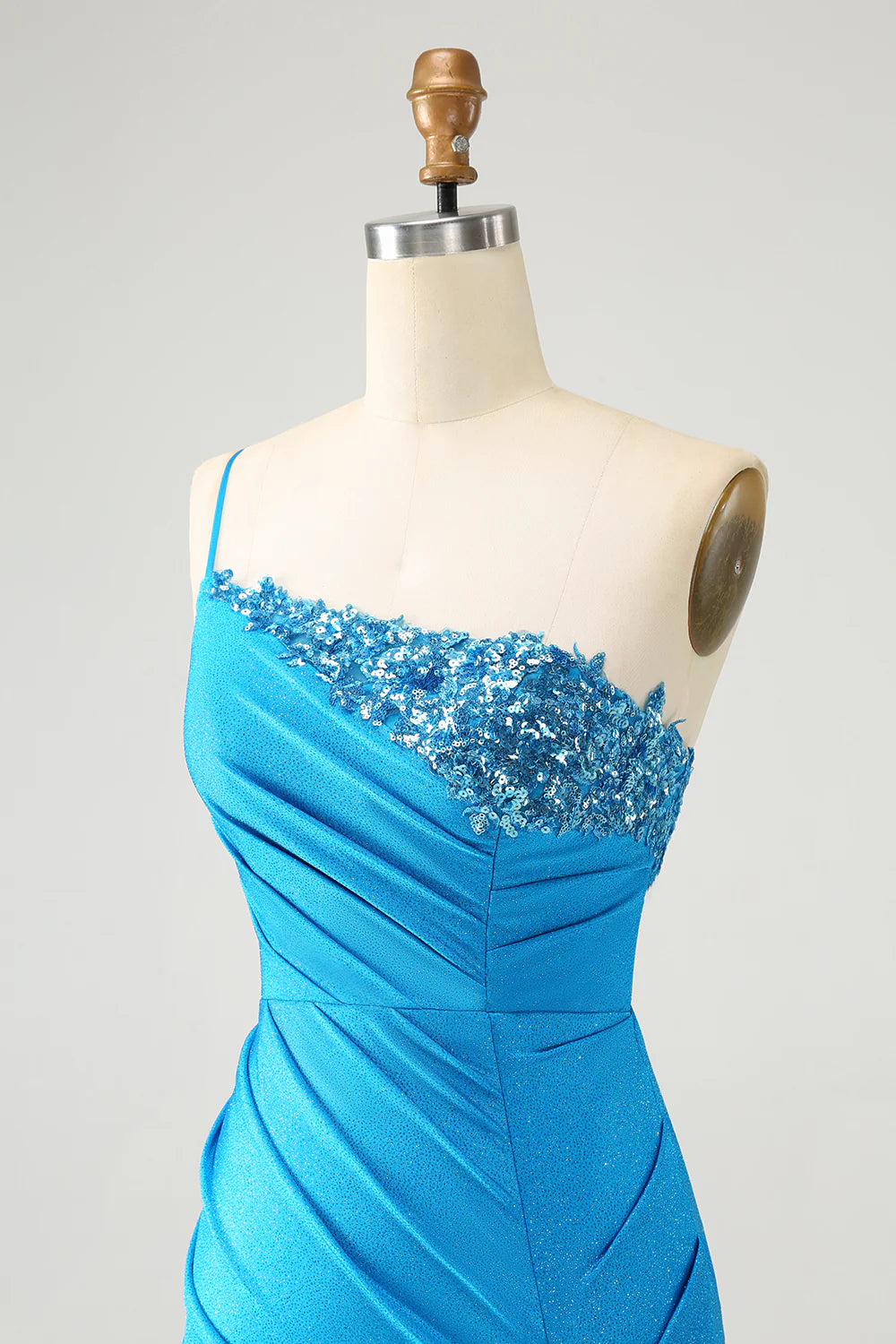 Blue Bodycon One Shoulder Ruched Satin Homecoming Dress with Sequins