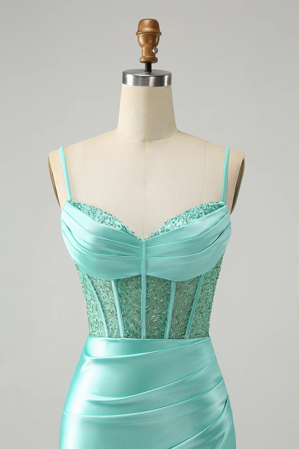 Golden Spaghetti Straps Bodycon Corset Satin Homecoming Dress with Slit