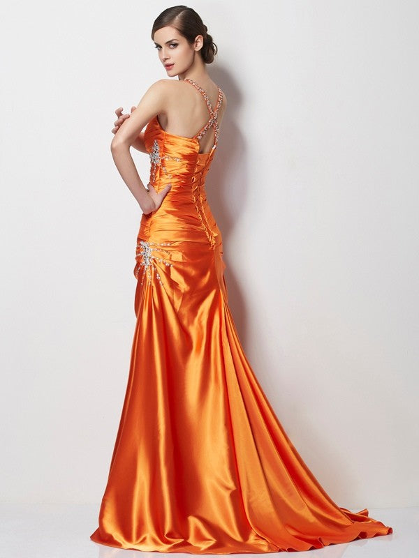 A-Line/Princess Spaghetti Straps Sleeveless Beading Long  Woven Satin Dresses