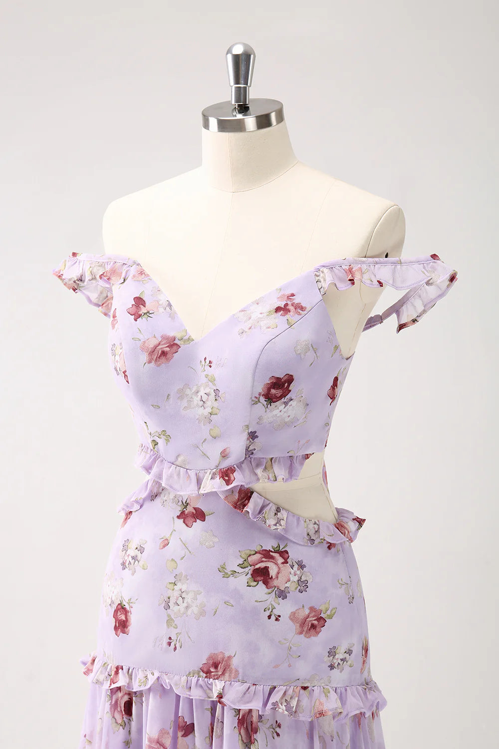 Grey Purple A-Line Off the Shoulder Floral Bridesmaid Dress