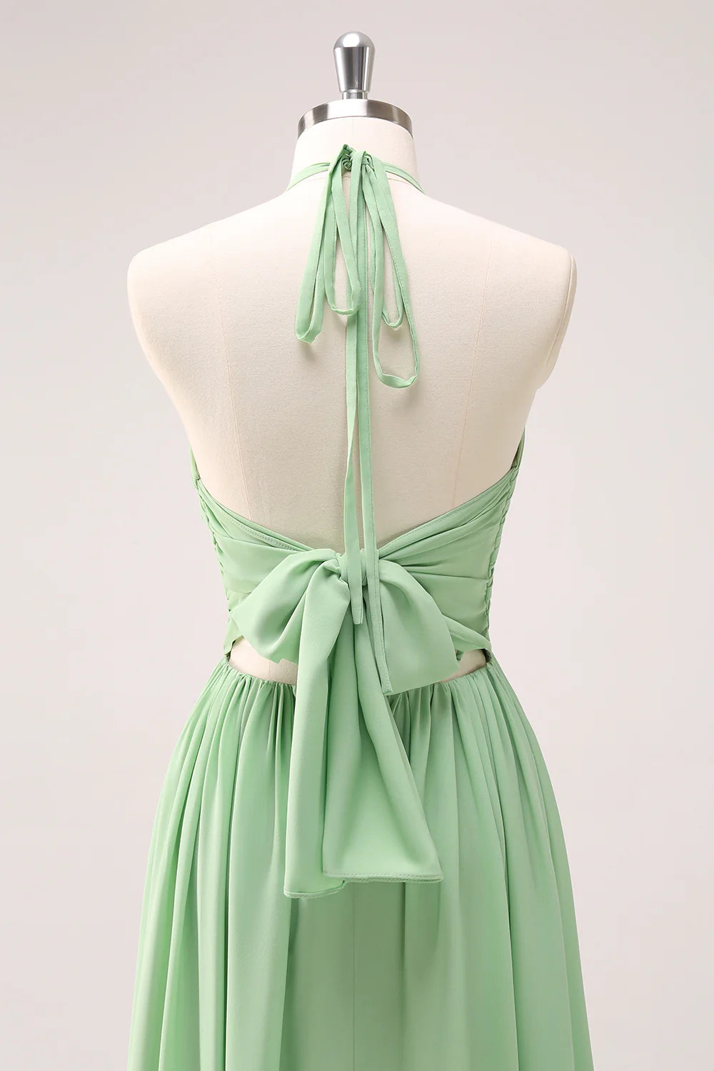 Light Green A Line Halter Backless Lace Up Long Bridesmaid Dress