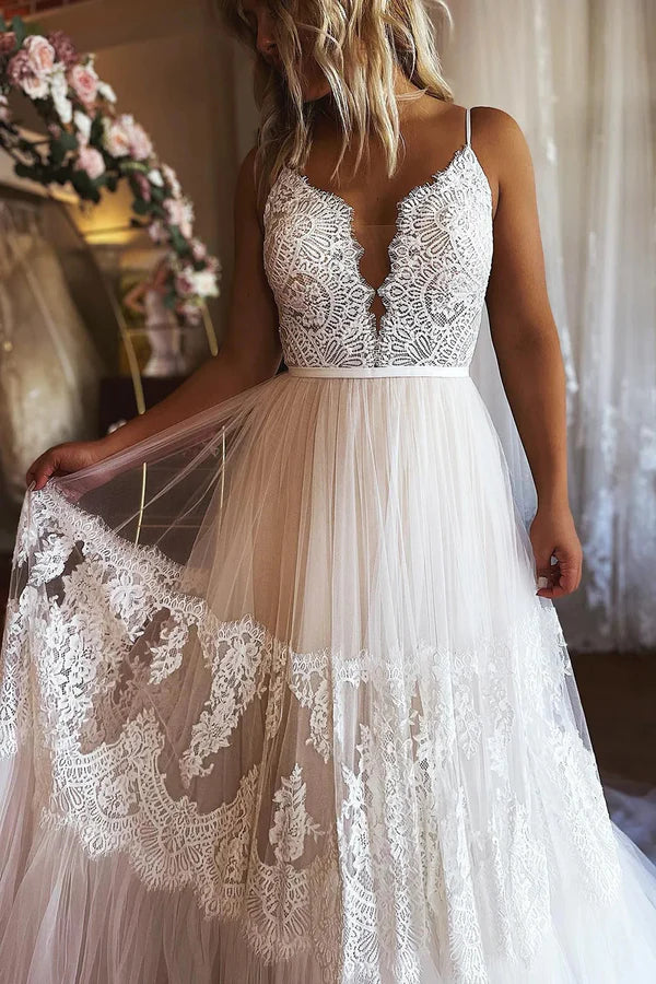Buyishang Ivory Boho A-Line Long Tulle Wedding Dress with Appliques