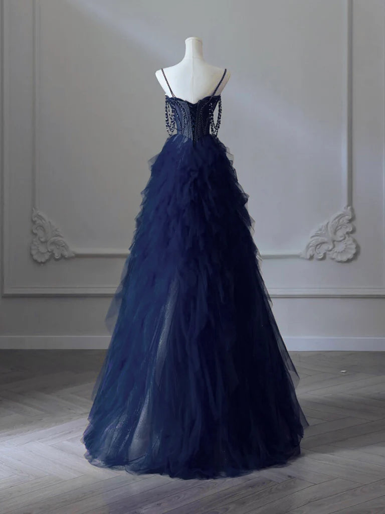 Buyishang A-Line Sweetheart Neck Tulle Dark Blue Long Prom Dress Dark Blue Long Graduation Dress with Beads