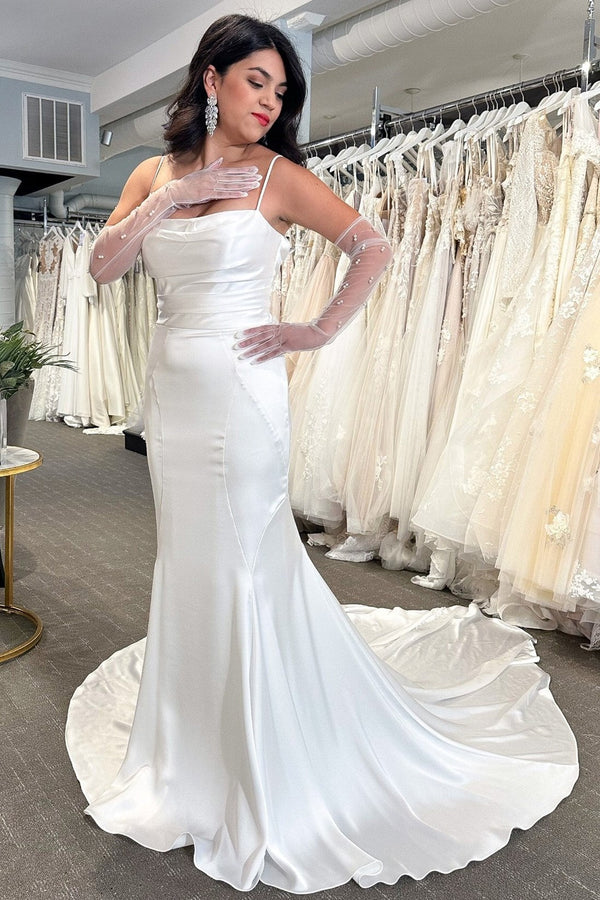 Buyishang White Cowl Neck Covered Button Back Mermaid Long Wedding Dress