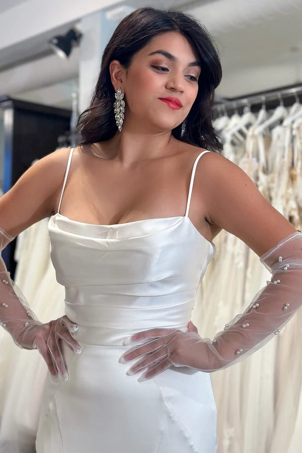 Buyishang White Cowl Neck Covered Button Back Mermaid Long Wedding Dress