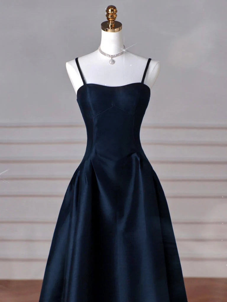 Buyishang Simple A-Line Dark Blue Satin Long Prom Dress Dark Blue Long Formal Dress
