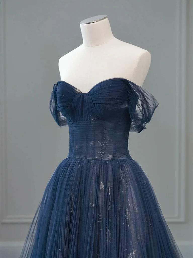 Buyishang A-Line Off Shoulder Tulle Lace Dark Blue Long Prom Dress Dark Blue Long Evening Dress