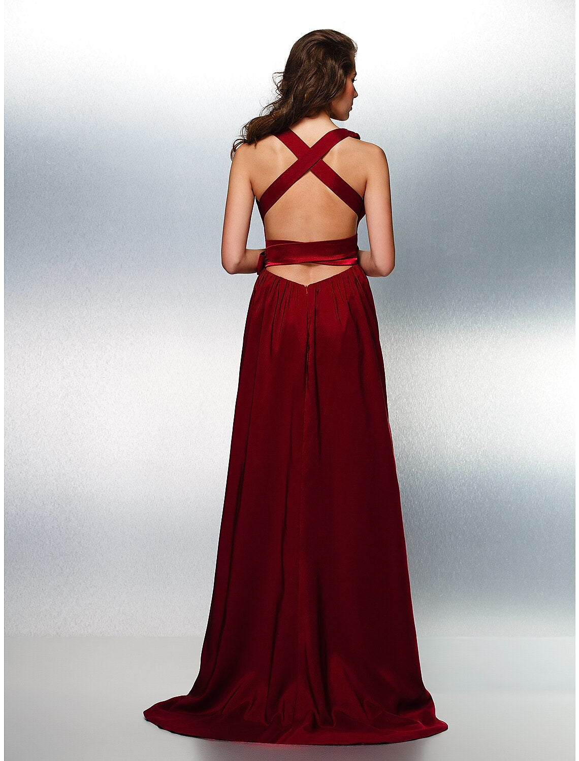 A-Line Beautiful Back Prom Formal Evening Dress Plunging Neck Sleeveless Sweep