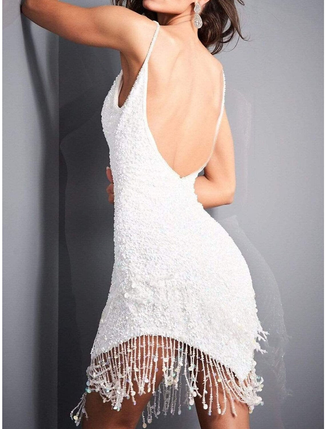 Women's Sequin Dress Fringe Dress Party Dress Sparkly Dress Homecoming Dress Mini Dress White Sleeveless Tassel Spring Fall Winter Spaghetti Strap Fashion Winter Dress Evening