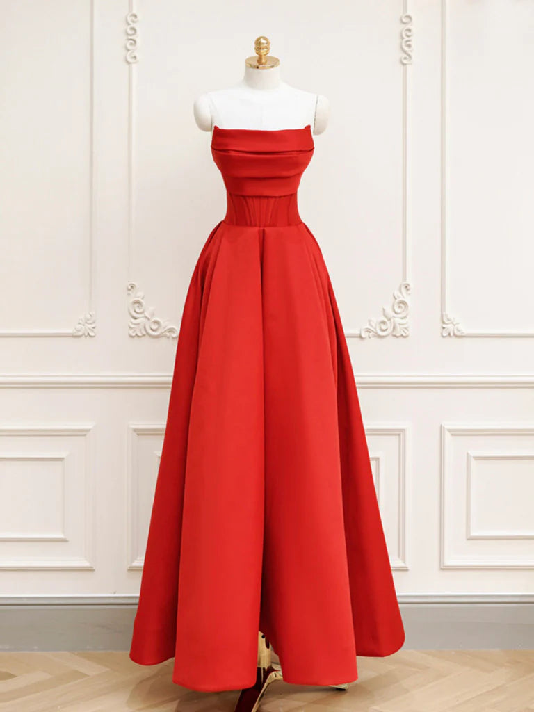 Buyishang Red A-Line Satin Long Prom Dress Red Long Formal Dress