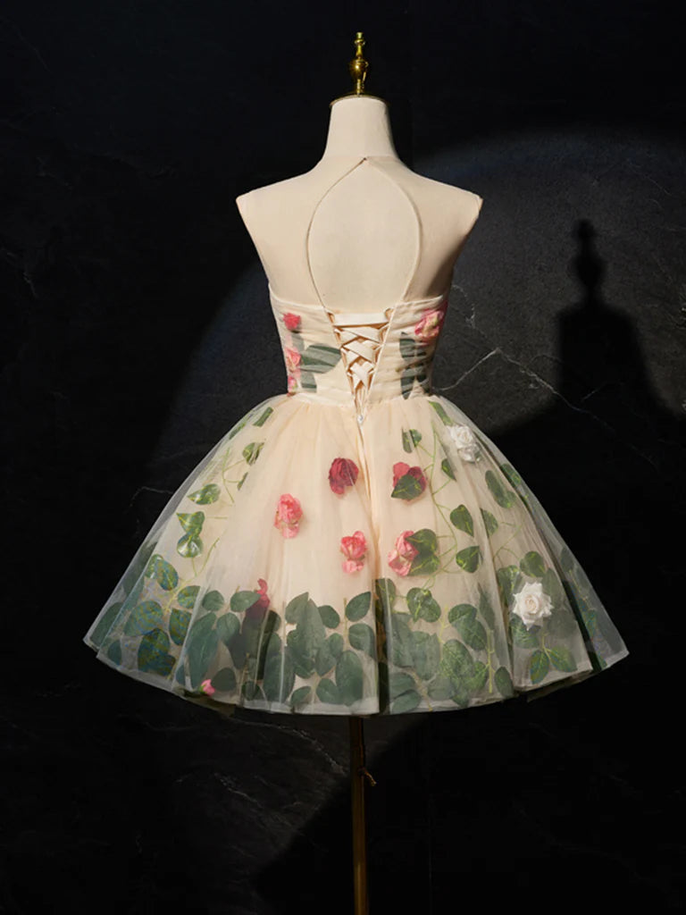 Buyishang Unique Scoop Neckline Tulle Flower Champagne Short Prom Dress Cute Formal Dress